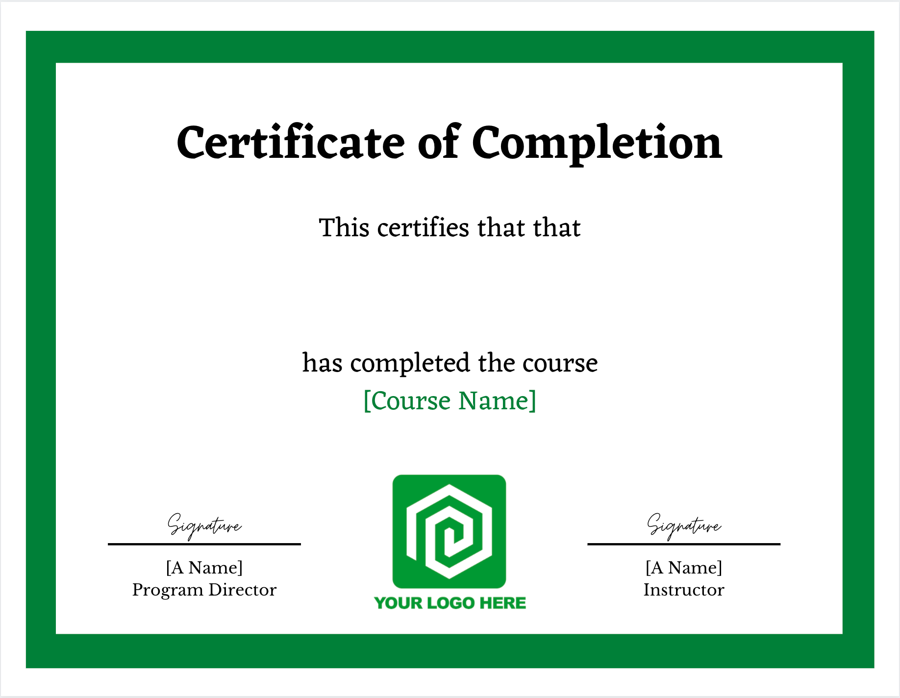 sample certificate of completion, green background