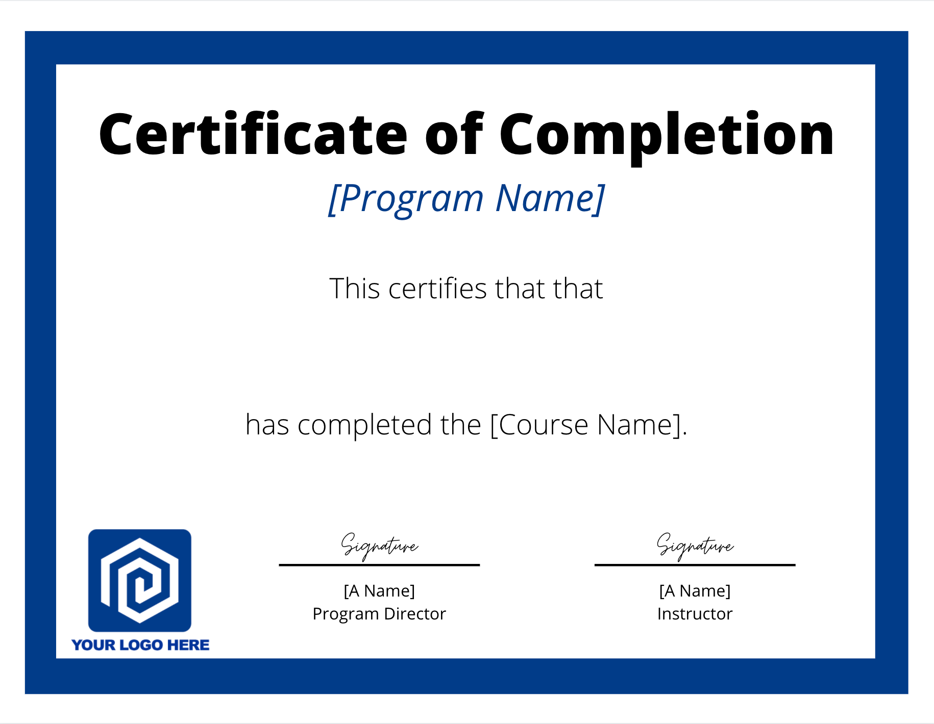 generic certificate of completion, blue background
