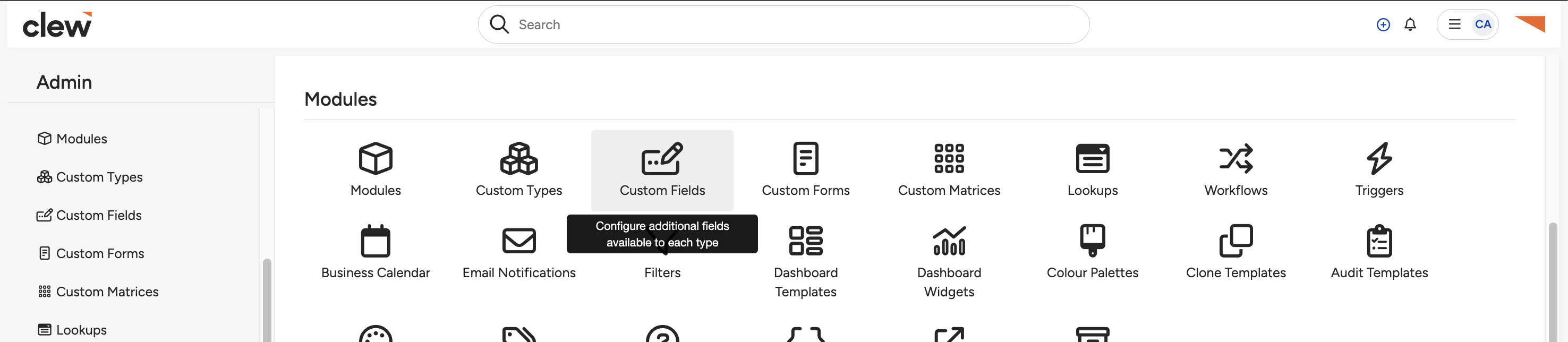 The Admin area with Custom Fields selected, the starting point for changing a field's list visibility.