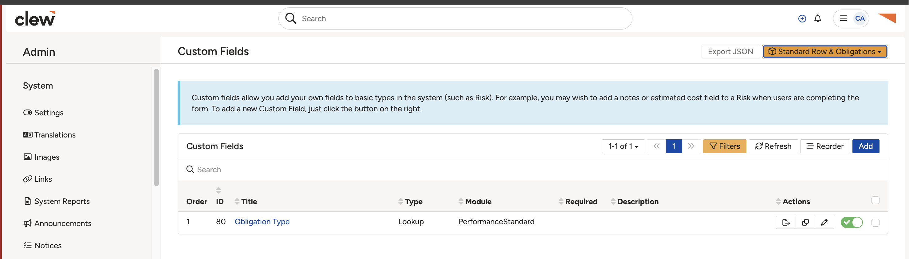 The Custom Fields list showing the Obligation Type field, with the pencil edit icon used to open it.