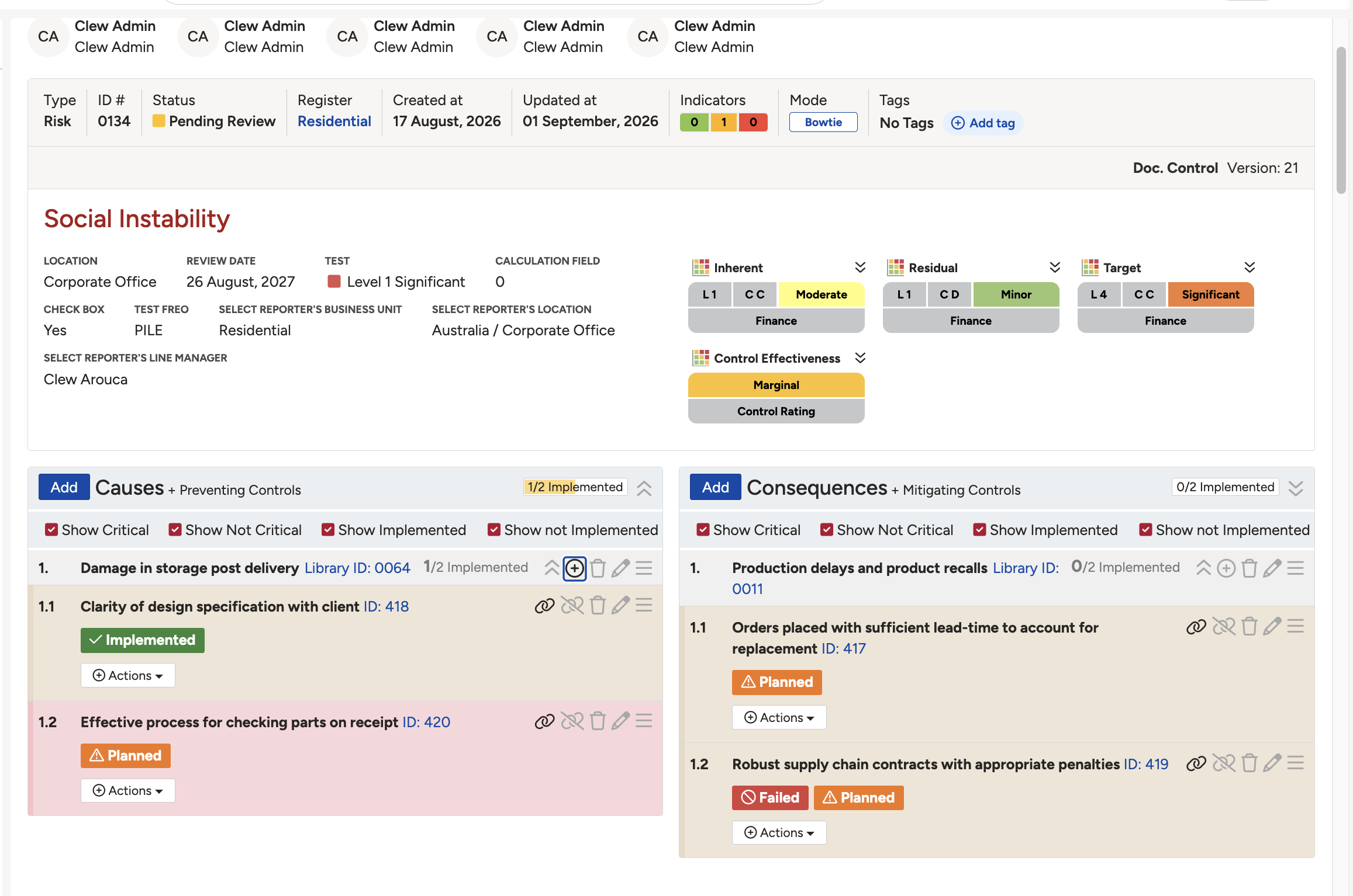 An expanded control beneath a cause, showing its owner, control category, control effectiveness and latest audit result, with the Action, Commitment, Resource, Attachments and Surveys options.