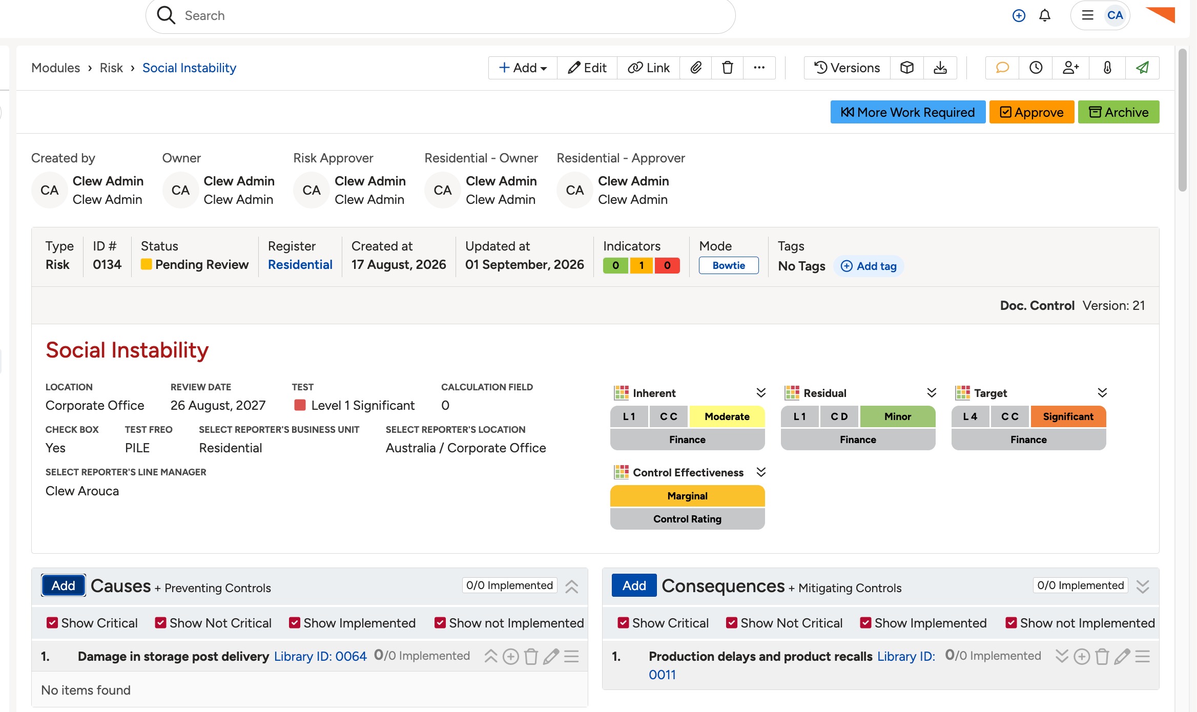A risk page using the bow tie approach, with a Causes column of preventing controls on the left and a Consequences column of mitigating controls on the right.