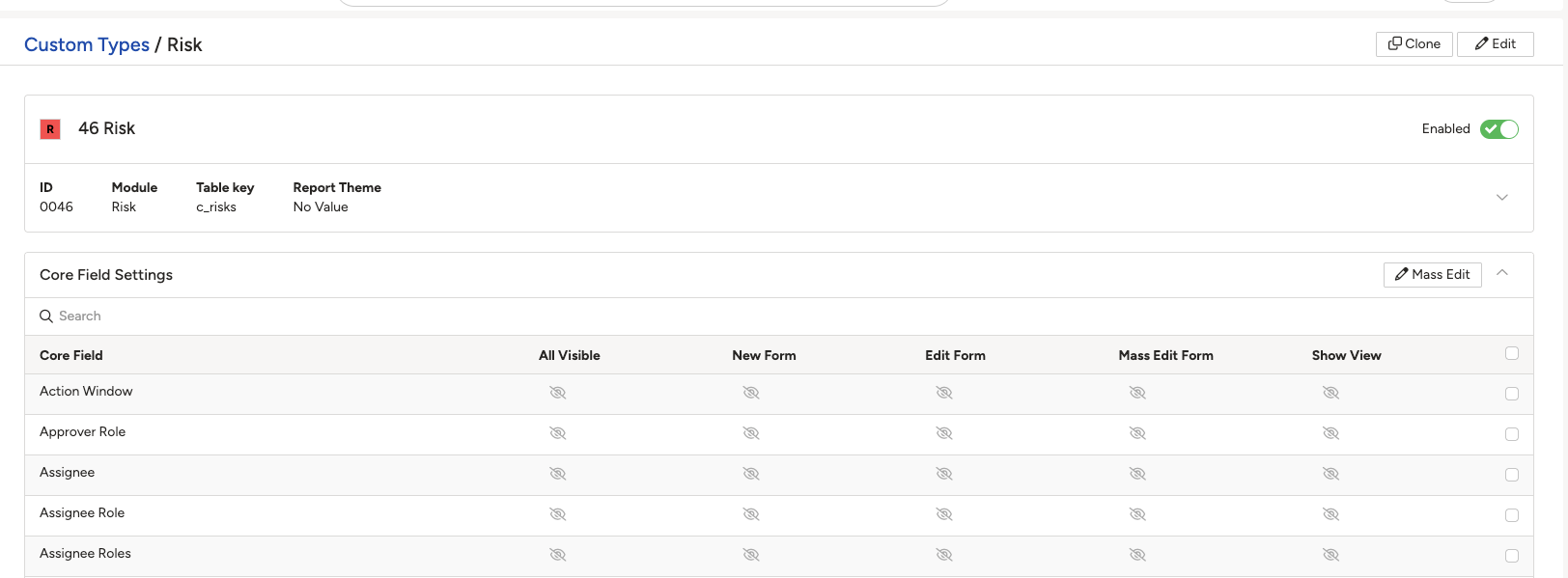 The Core Field Settings table, with an eye icon per field for each screen it can appear on, and checkboxes for selecting several rows.