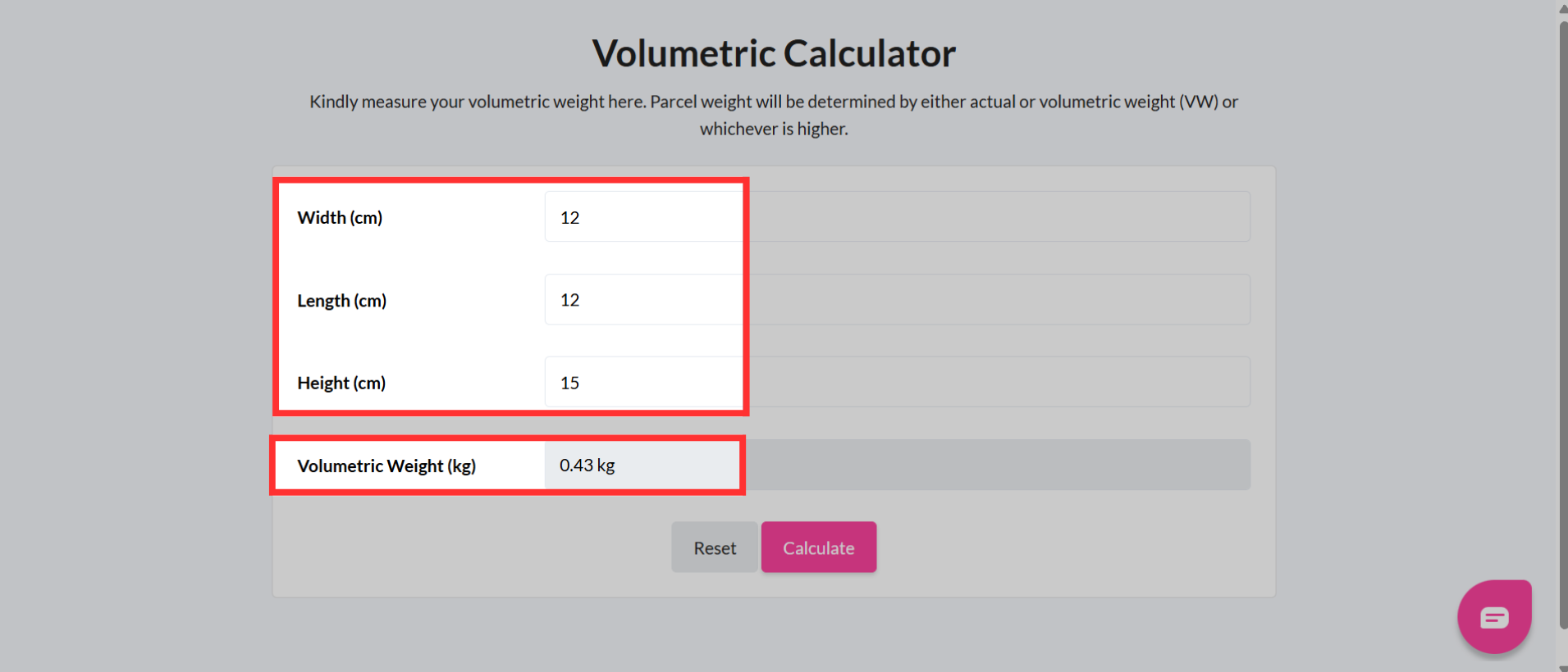 EasyParcel volumetric weight calculator example showing where to enter parcel dimensions (L x W x H) to calculate volumetric weight