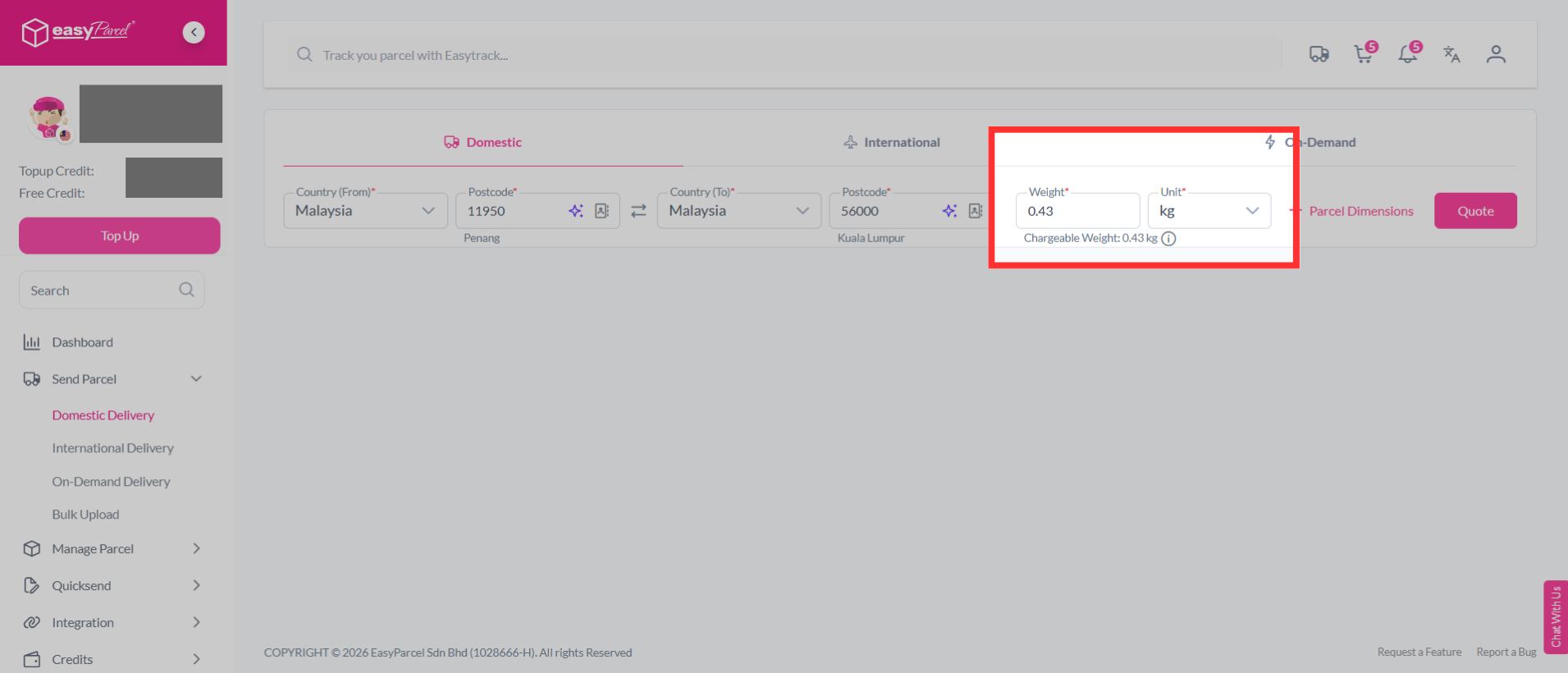 Booking screen example showing selection of the higher value between actual weight and volumetric weight to avoid weight discrepancy charges
