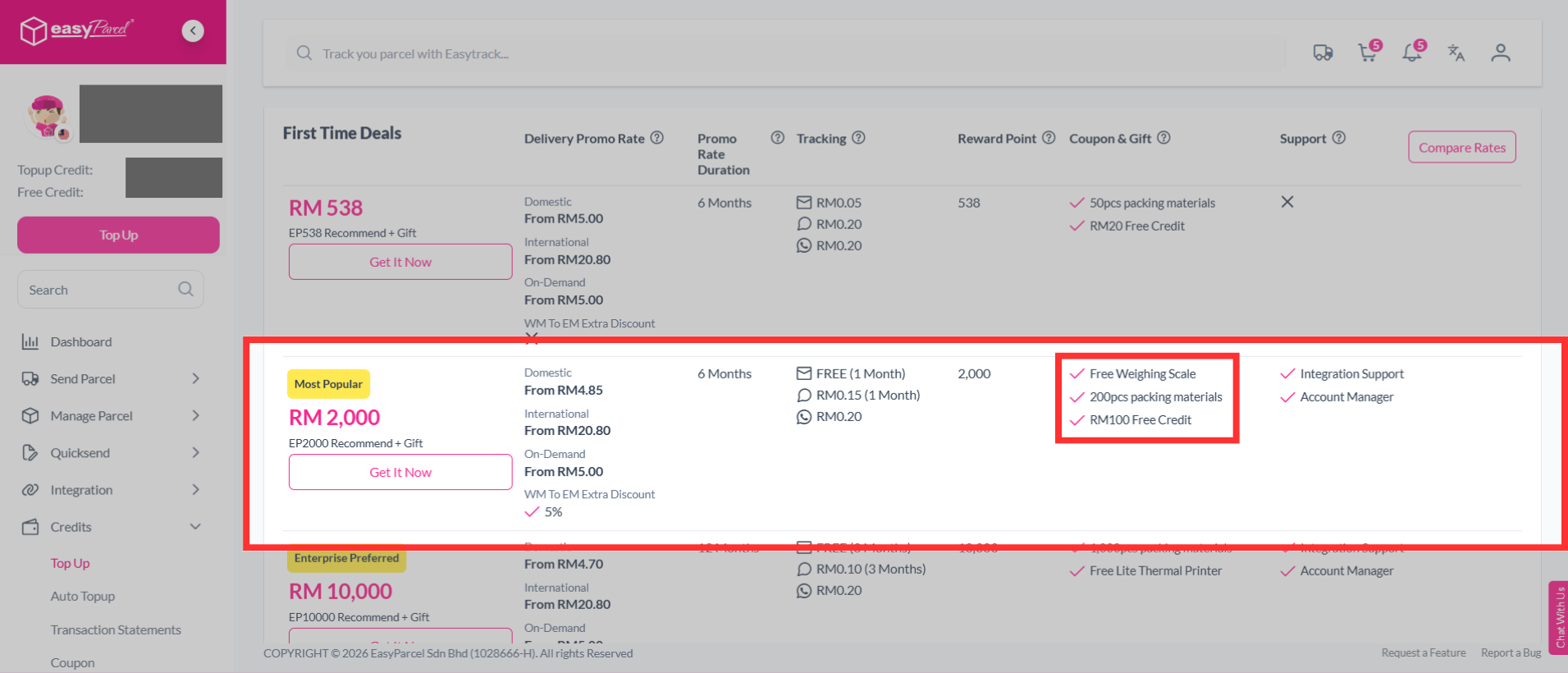 EasyParcel volumetric weight calculator example showing where to enter parcel dimensions (L x W x H) to calculate volumetric weight