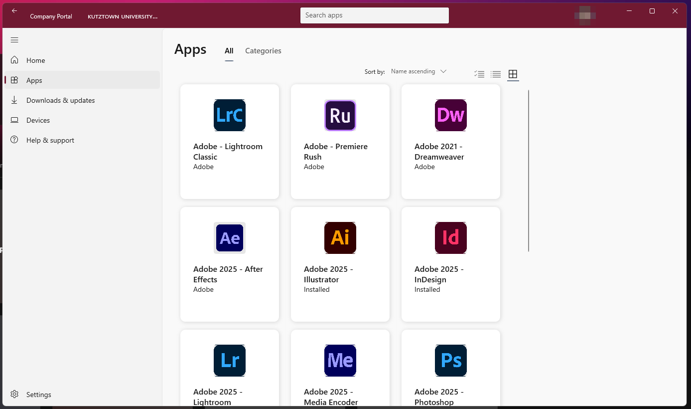 Company Portal on university-managed Windows devices includes individual applications from the Creative Cloud suite. A grid of icons shows each of the available applications. 