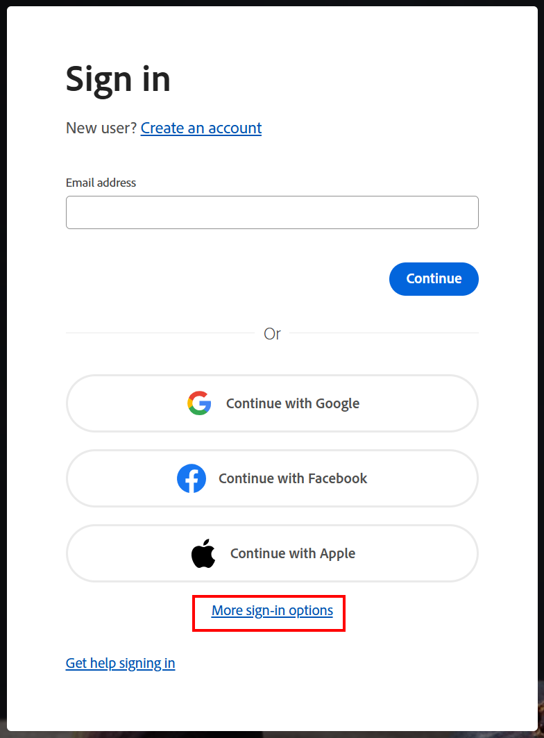 The sign on portal for Adobe as seen at adobe.com. The Sign in field is blank. Buttons to Continue with Google, Facebook, or Apple are present, and below them is a link to More Sign in Options, which is highlighted. 