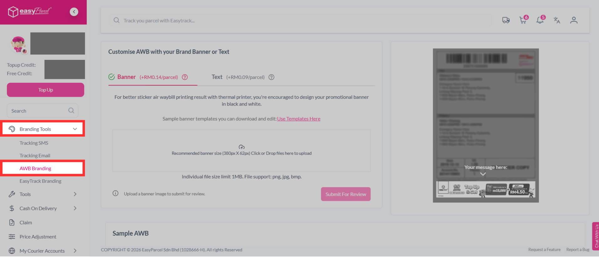 Navigation path to AWB Branding under Marketing Tools in EasyParcel dashboard