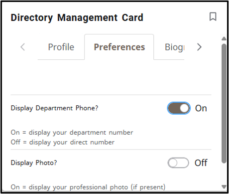 A screenshot of the Directory Management Card, showing the Preference tabs. Toggles are present to hide or display department phone numbers and photos. 