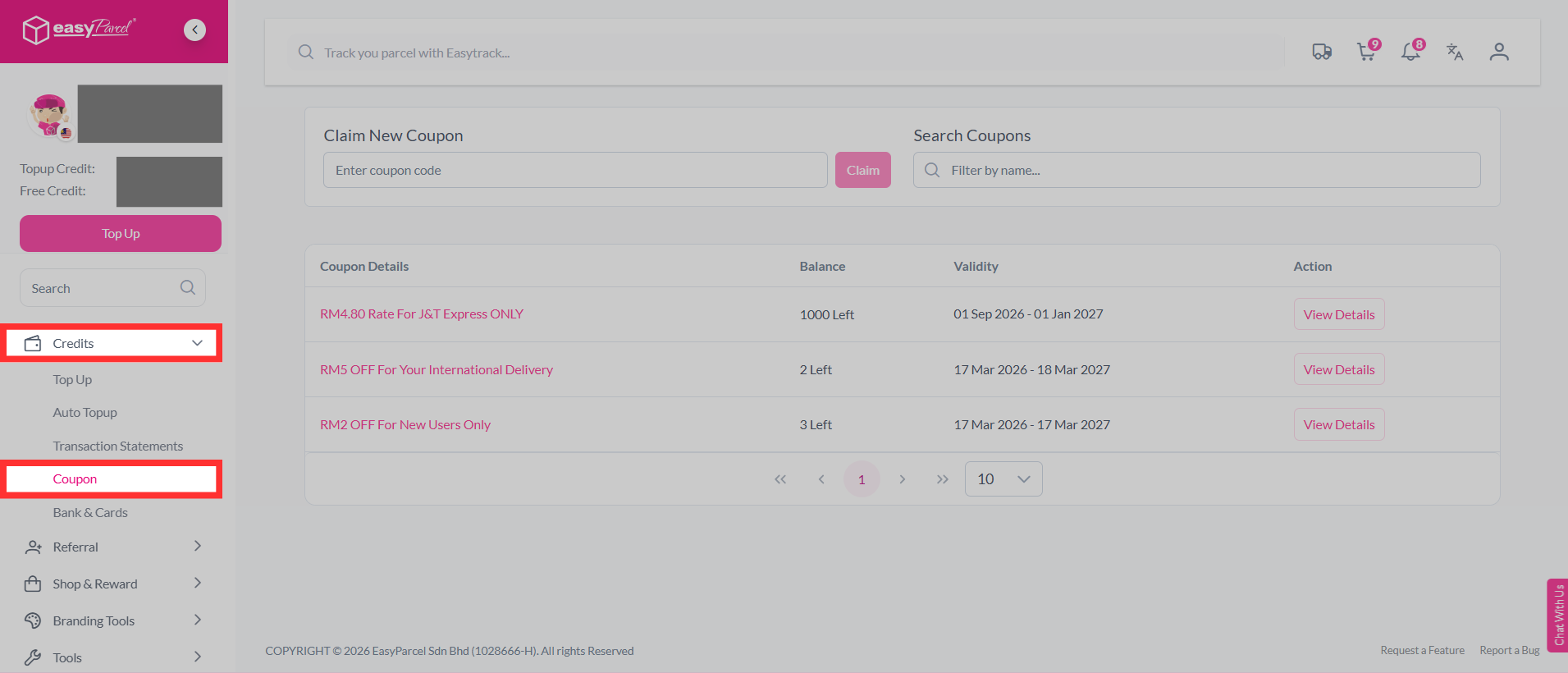Coupons page displaying coupon validity period and expiration dates