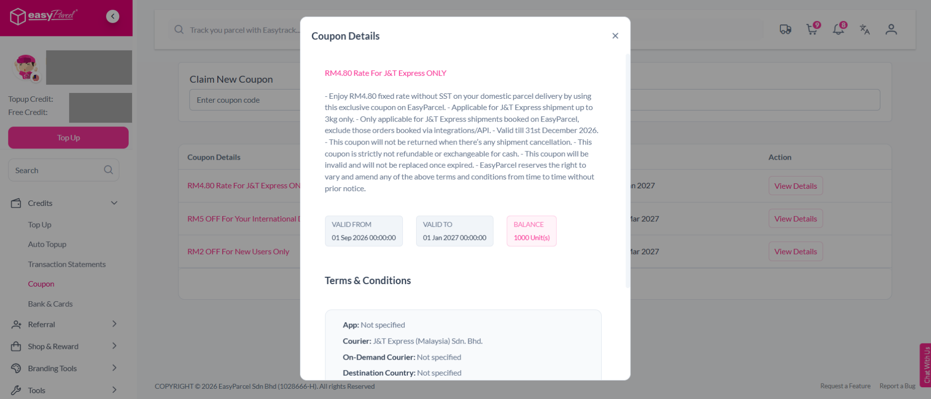 Coupons page displaying coupon validity period and expiration dates