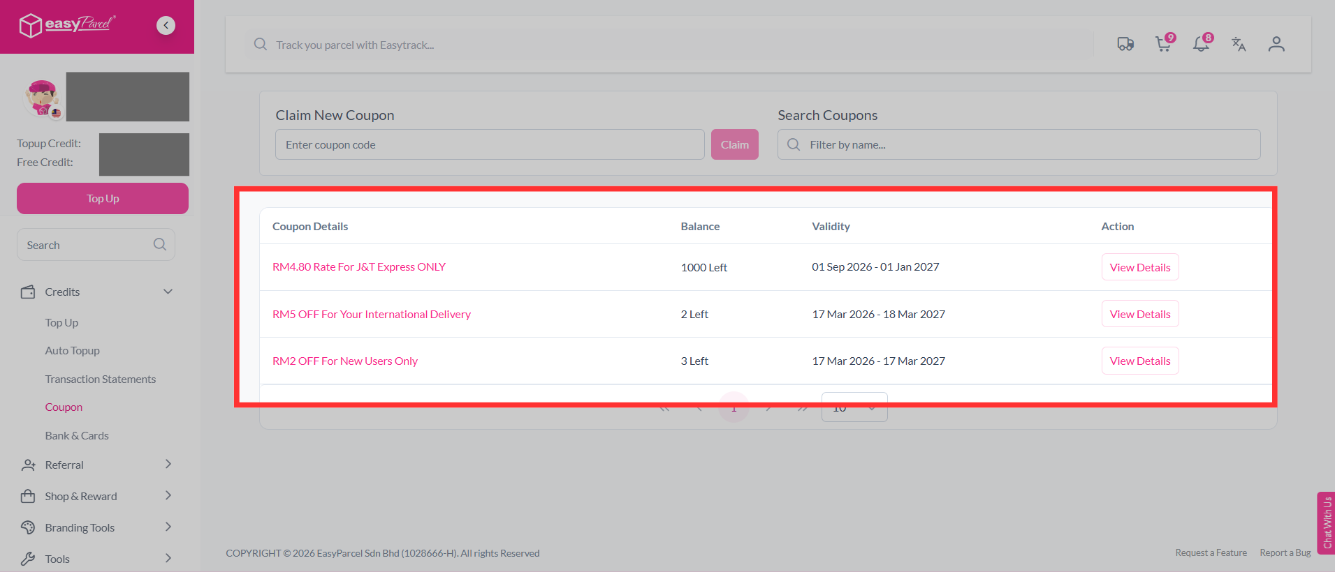 Coupons page displaying coupon validity period and expiration dates