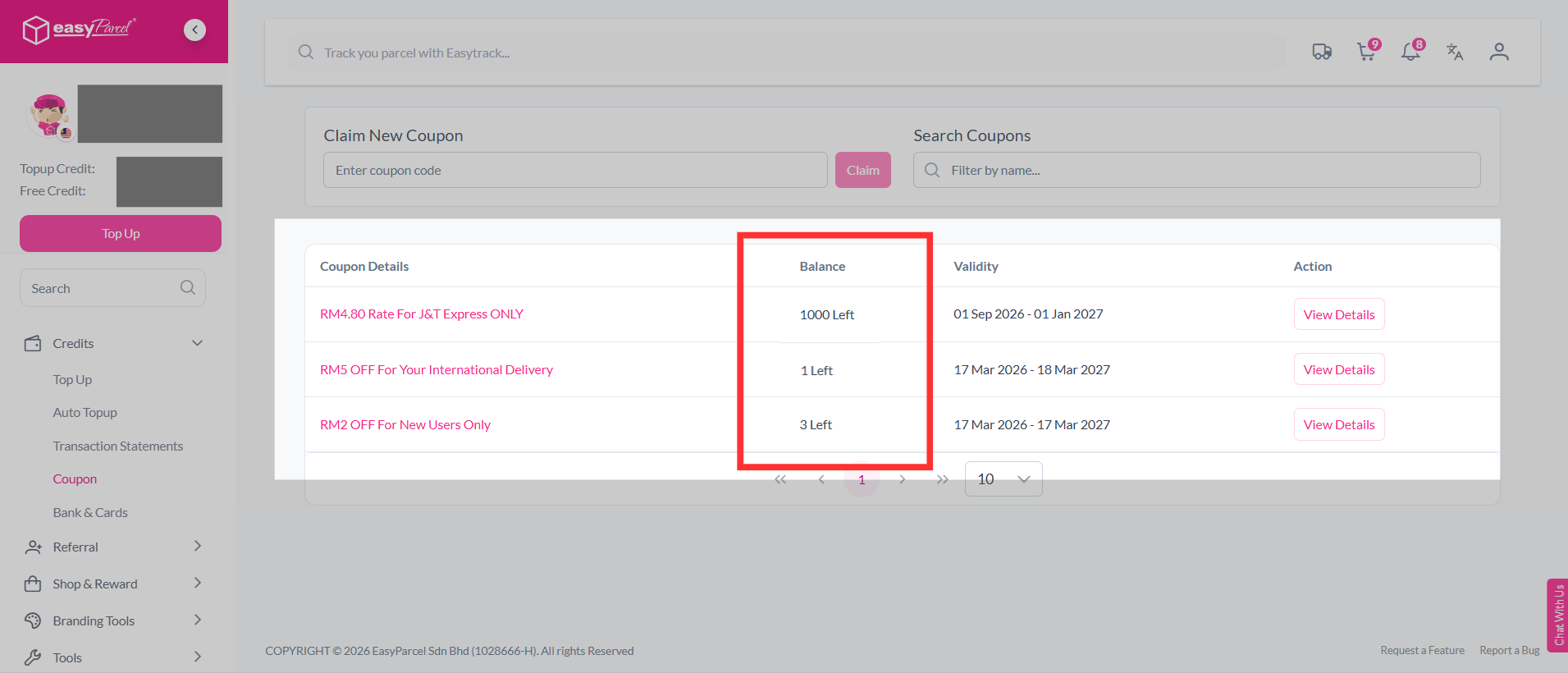 Coupons page showing coupon status such as active, claimed, or expired