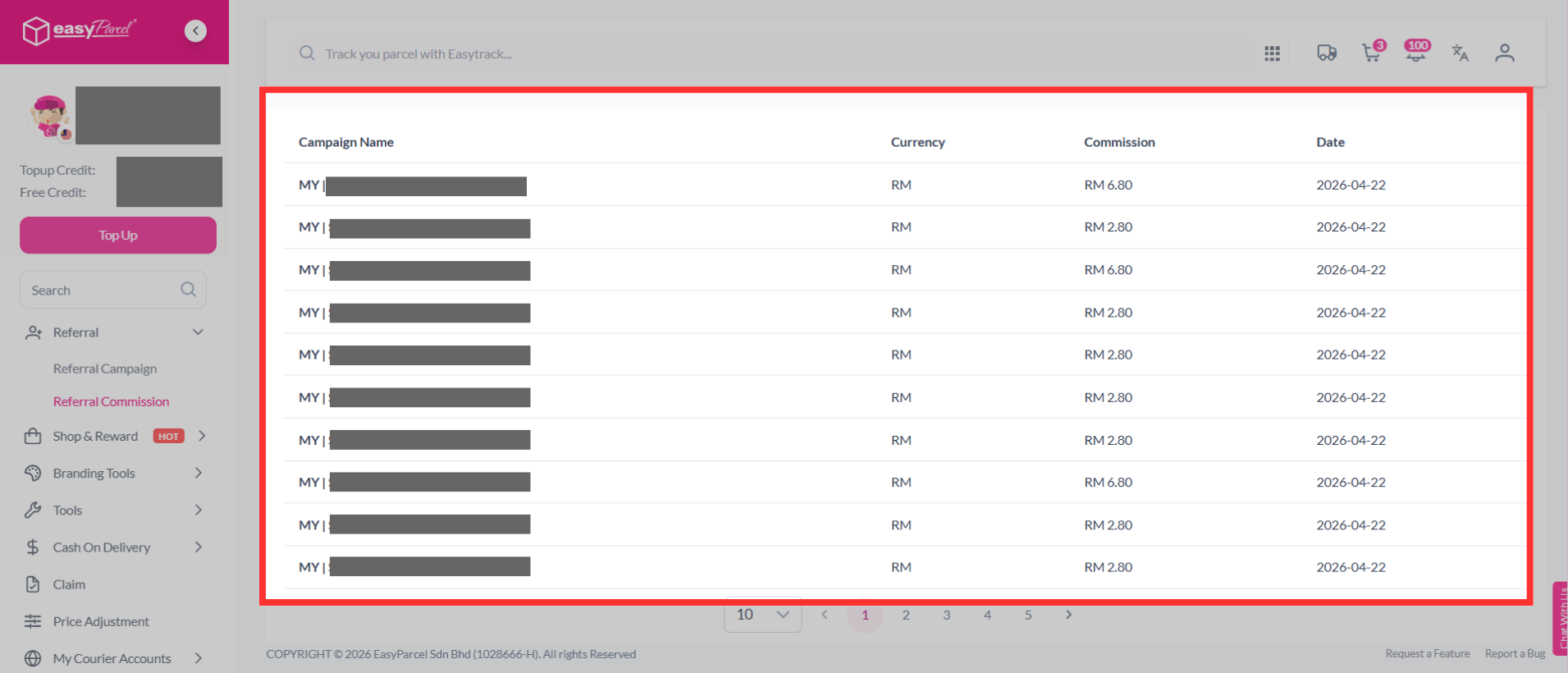 Referral status dashboard showing referred accounts and earned credits