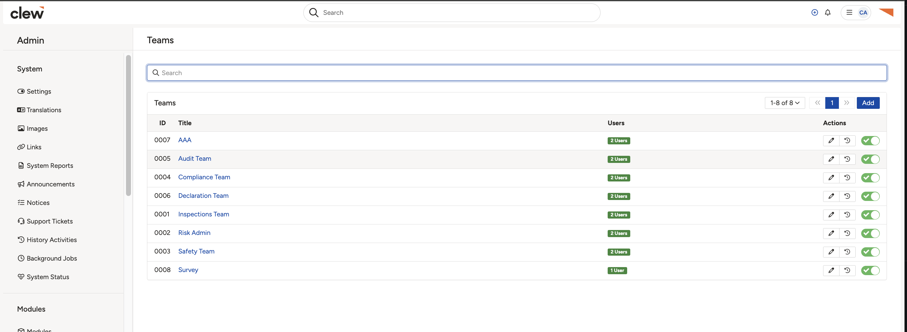 The Teams list in the Admin area, with the Add button used to create a new team.