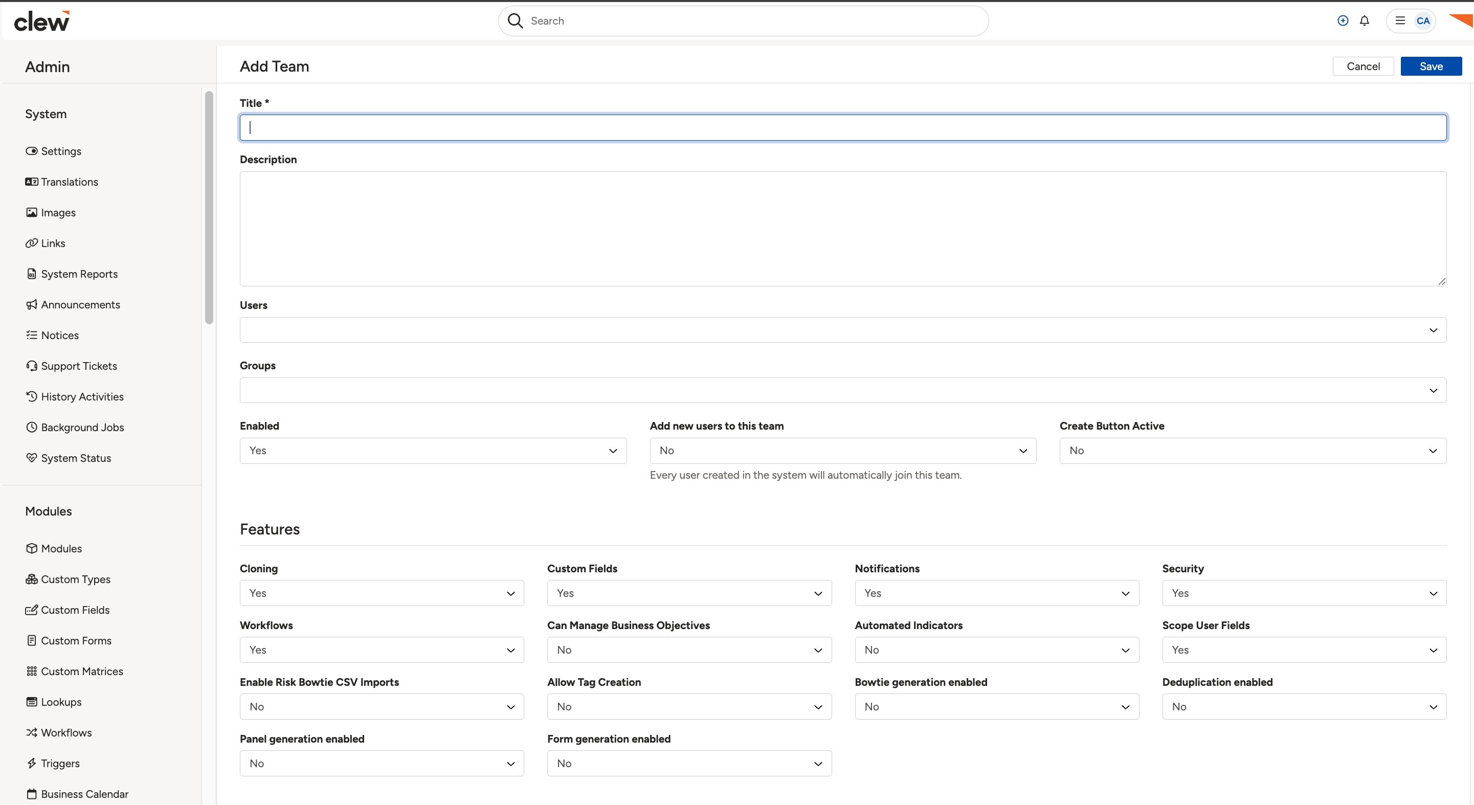 The team form, showing the title, description, members, available groups and the yes or no settings.
