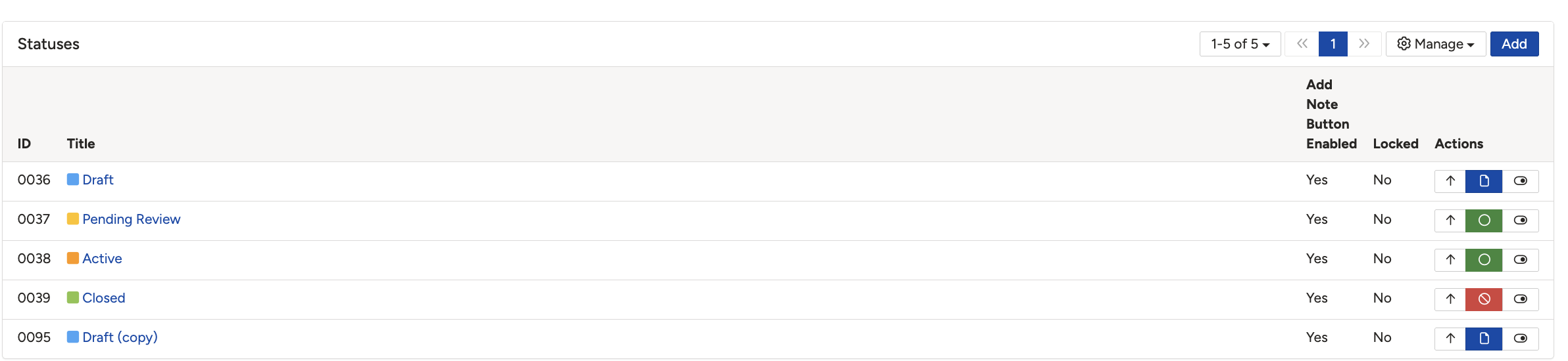 The Statuses list in Admin, with the Locked column showing which statuses lock records.