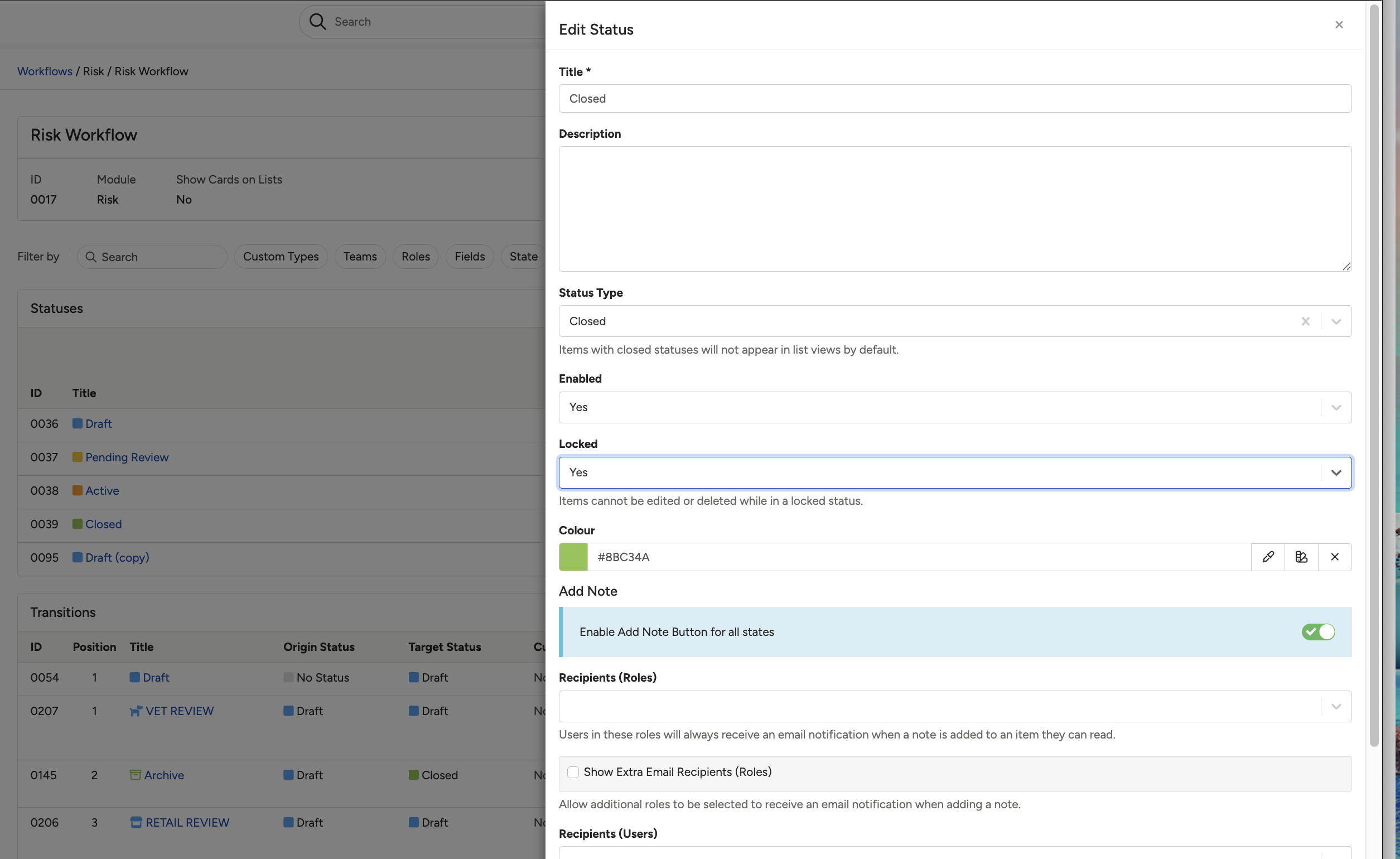 The Edit Status panel, with Locked set to Yes on the Closed status.