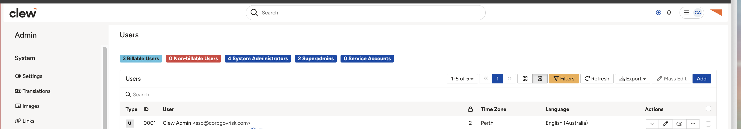 The Users page in the Admin area, before switching to the detailed view.