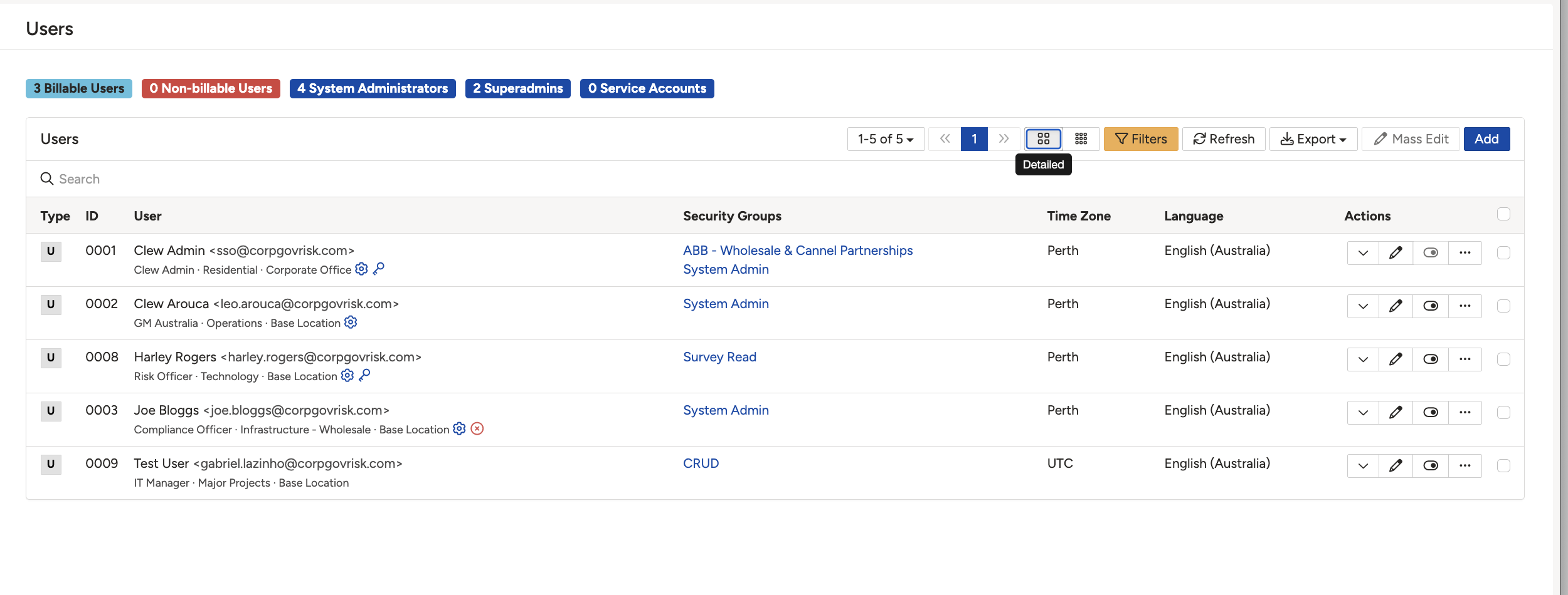 The Detailed view button, and the Security Groups column it adds to the Users list.