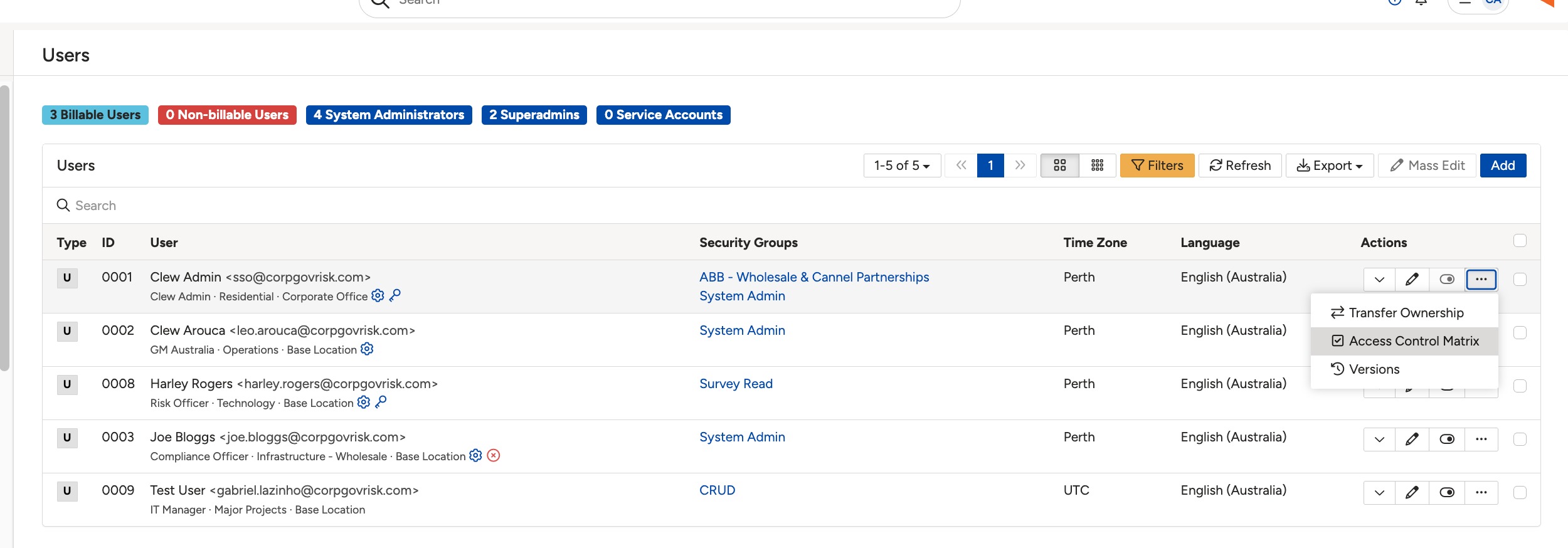 The Actions menu on a user row, with the Access Control Matrix option.