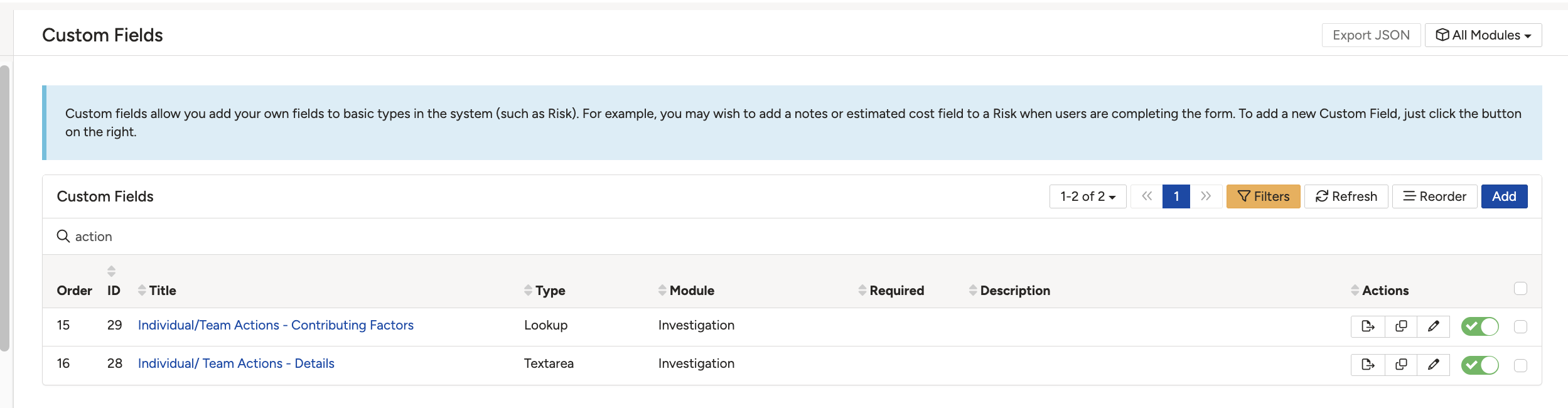 The Custom Fields page in Admin, with a search term entered and two matching fields listed.