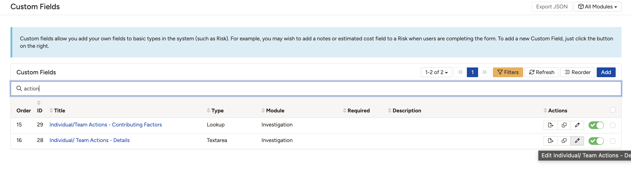 The Actions column on a custom field row, with the edit icon highlighted.
