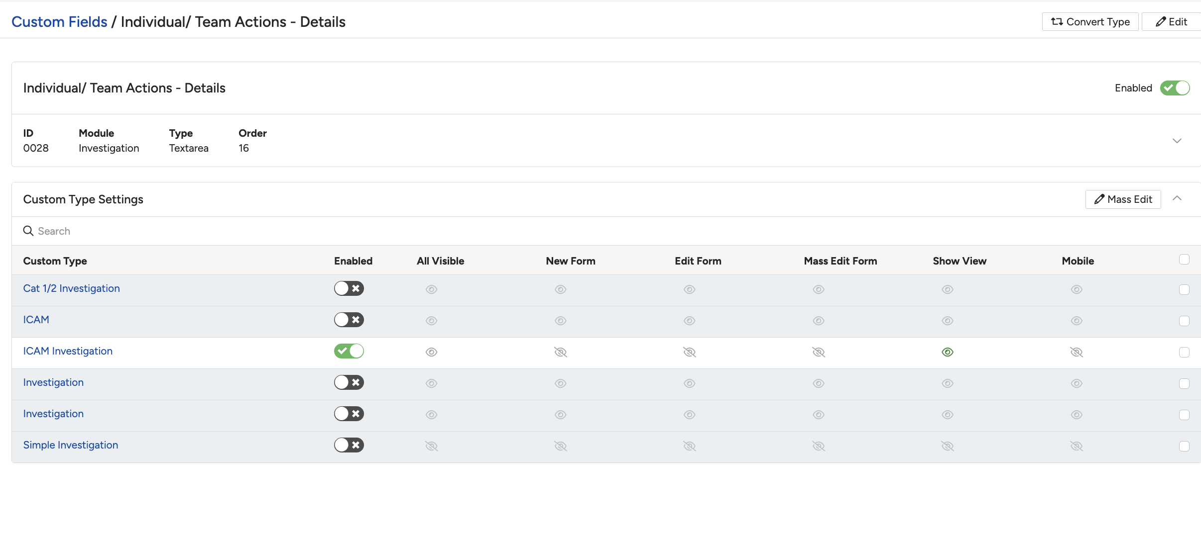 A custom field open in Admin, with the Custom Type Settings table showing one custom type enabled.