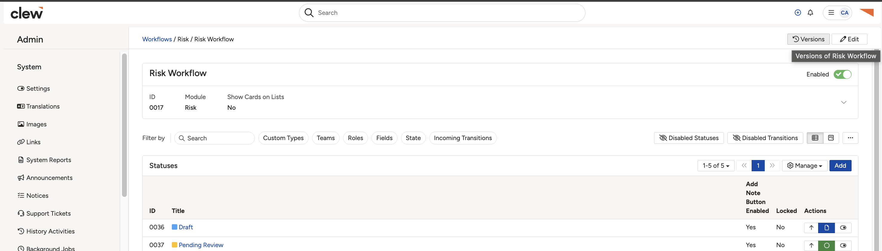 A workflow open in Admin, with the Versions button in the top-right corner next to Edit.