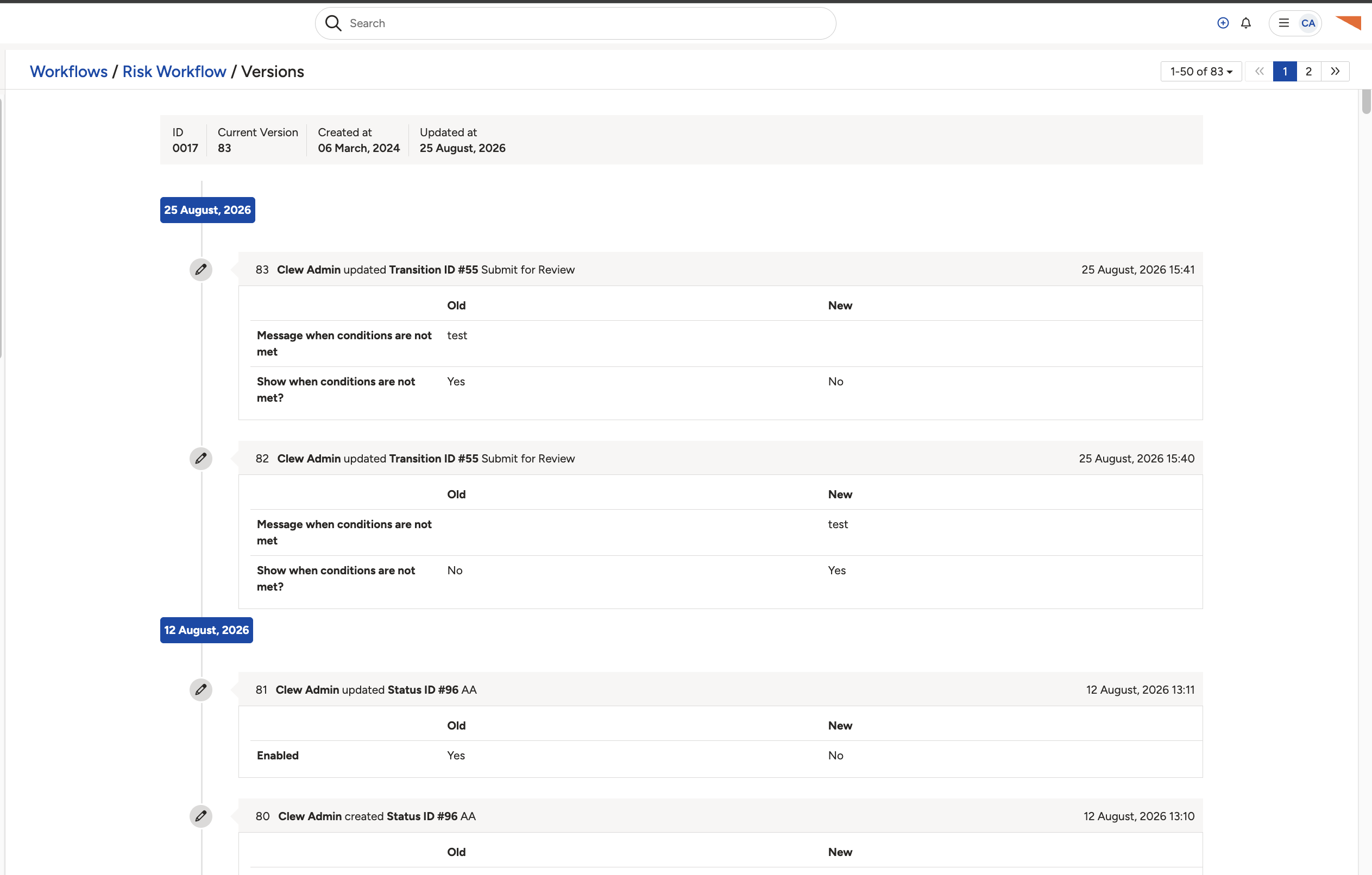 A version history, with entries grouped under date headings and each change shown as an old value beside a new value.