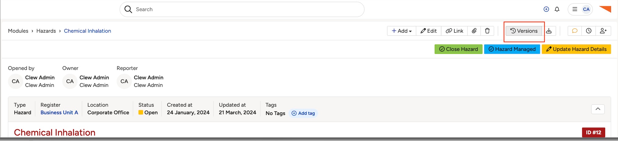 A record open in Clew, with the Versions button in the toolbar at the top right.