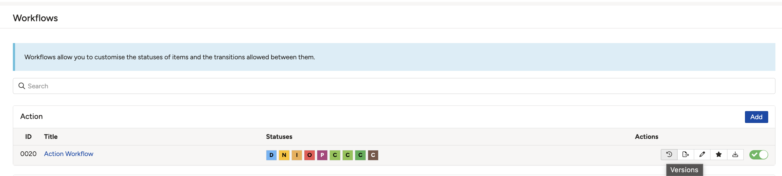 The workflow list in Admin, with the Versions icon in the Actions column.