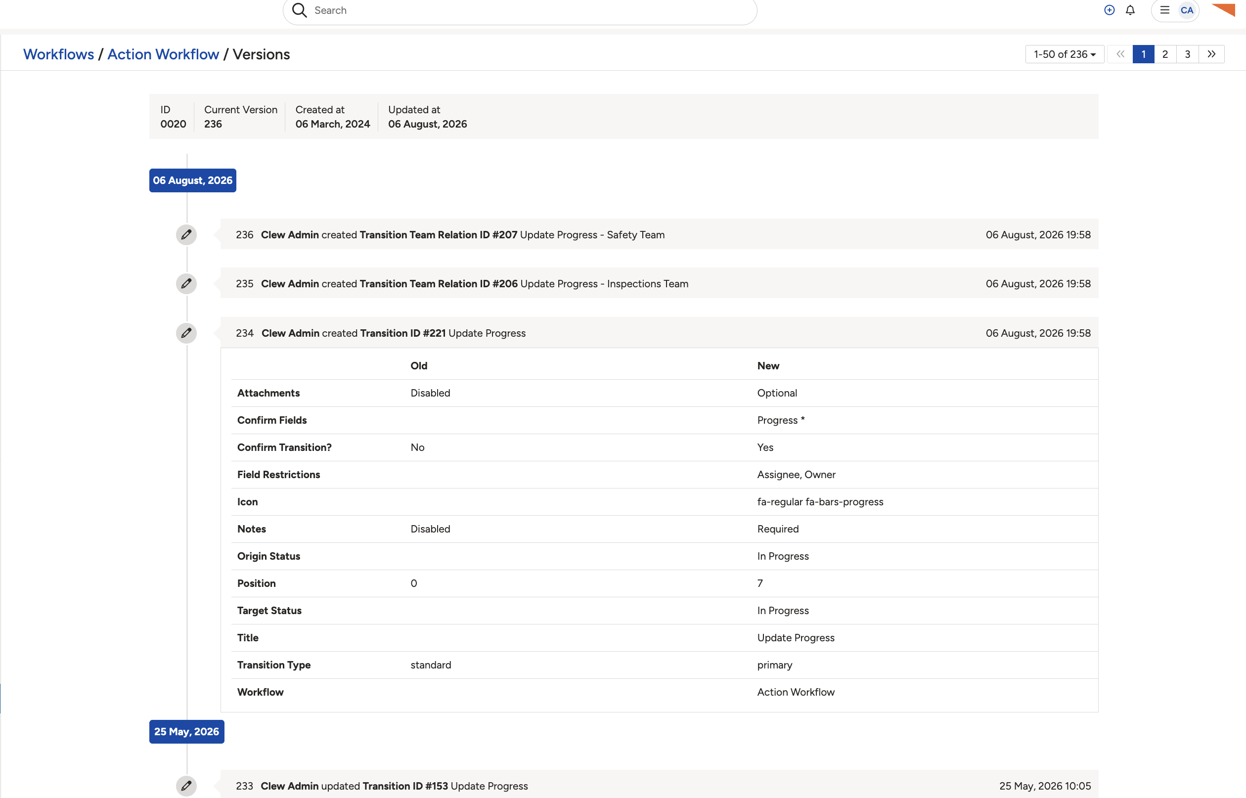 A workflow version history, showing the fields that changed with their old and new values.