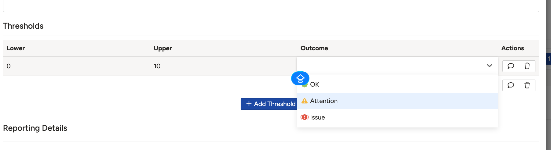 The Thresholds table with its Lower, Upper and Outcome columns, and the Add Threshold button.
