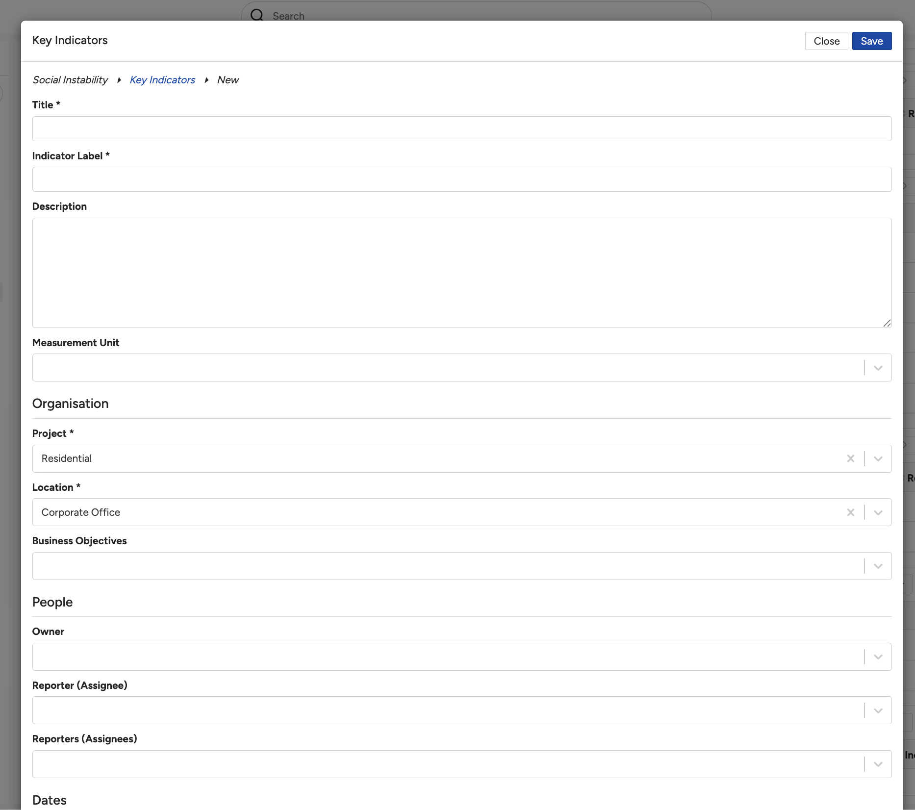 The Key Indicators form, showing Title, Indicator Label, Description and Measurement Unit, with the Organisation and People sections below.
