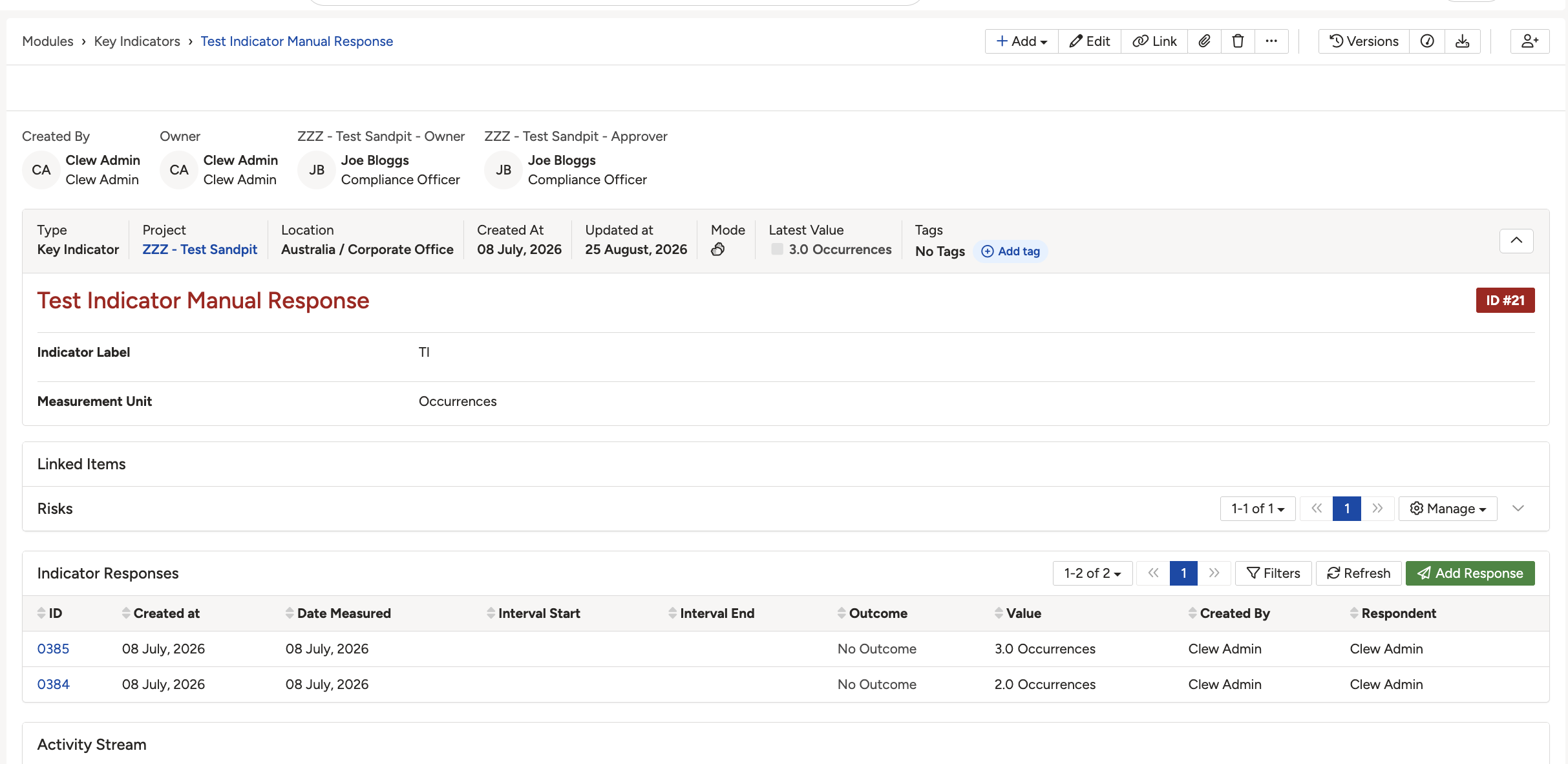 An indicator show page, with Latest Value in the header and the Indicator Responses sub-panel below.