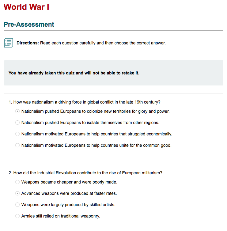 screenshot of quiz with answers selected and a message, "You have already taken this quiz and will not be able to retake it."