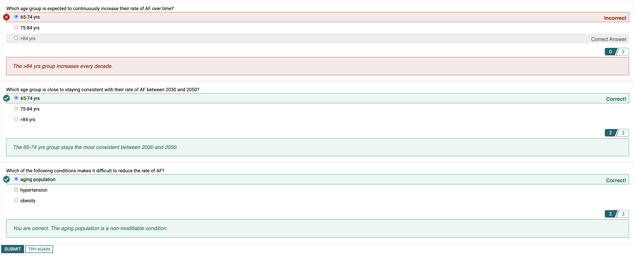 learner view of a multiple-choice quiz with retries enabled