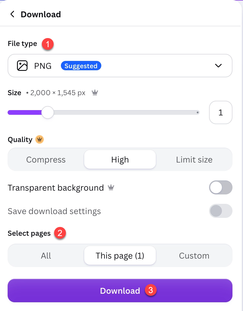 Screenshot from Canva showing Step 1 - Download, Step 2 - PNG file type, Step 3 - Select page 1, Step 4 click download