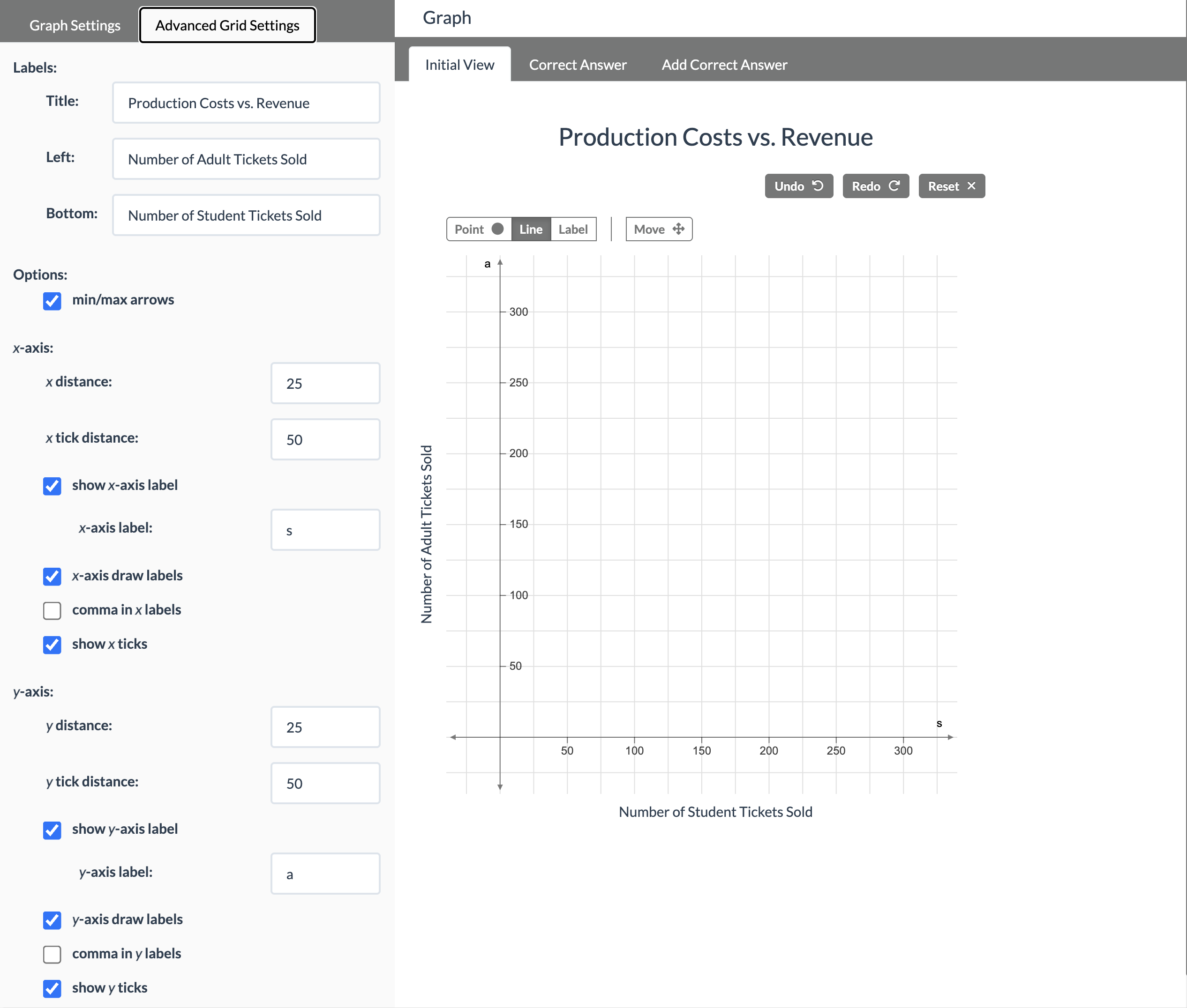Gif: Add Graphing modal window with Advanced Grid Settings displayed with corresponding areas of the block highlighted