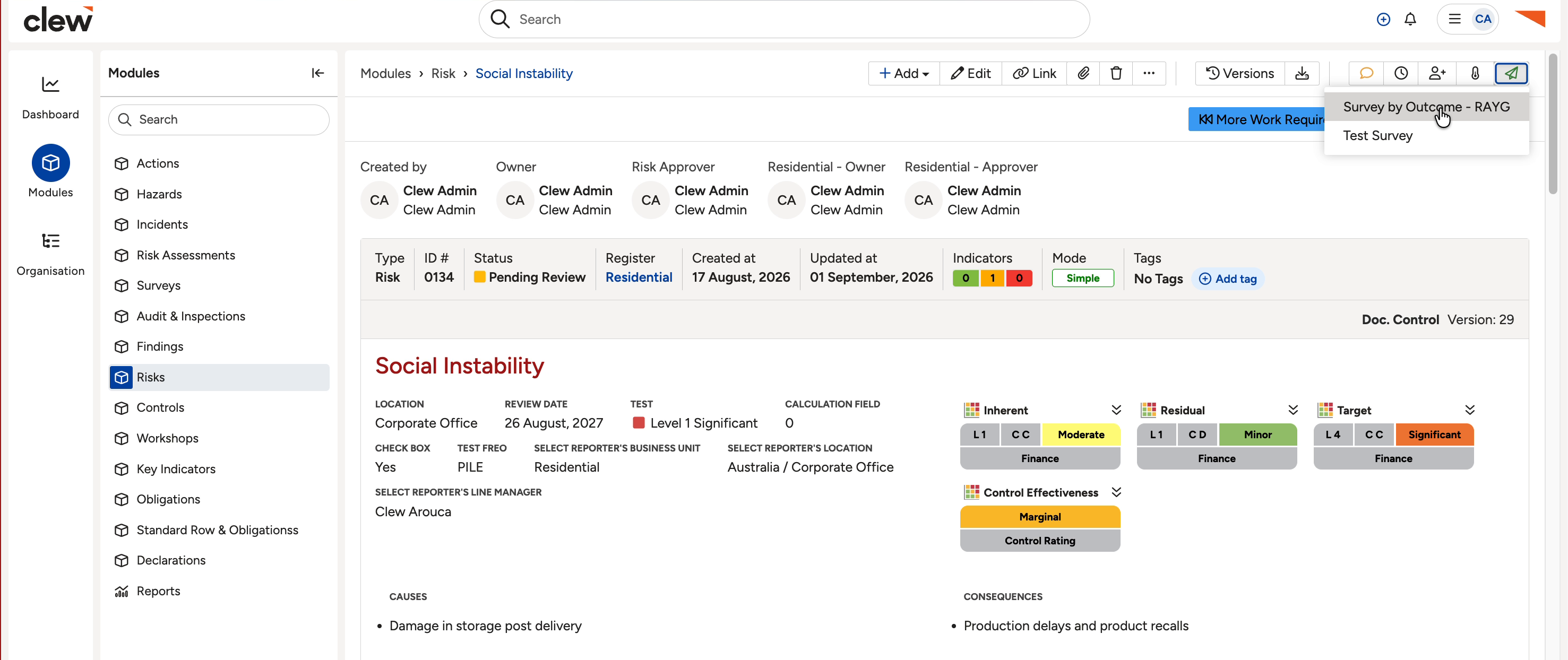A Risk record with the survey action open in the top right toolbar, showing the list of surveys linked to that record.