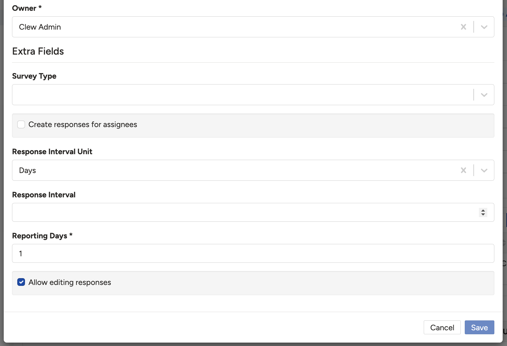 The survey settings for automatic generation, showing Create responses for assignees, Response Interval and Response Interval Unit.