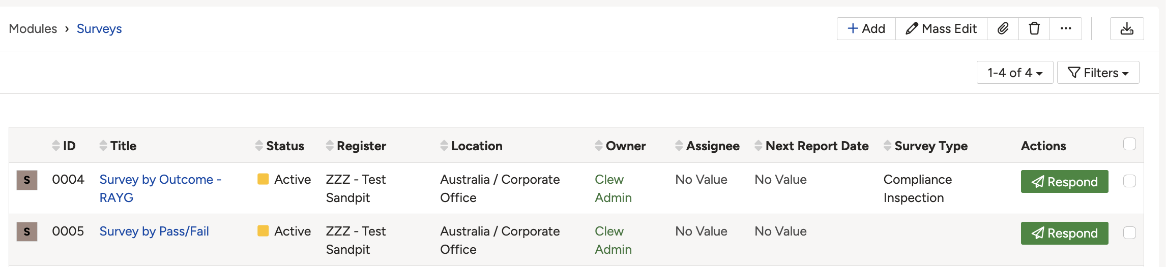 The survey list within a register, showing the green Respond button beside an active survey.