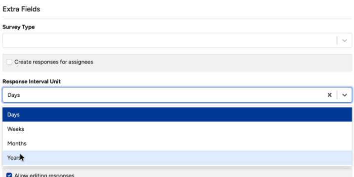 The survey settings showing the Next Report Date and interval that control when responses are generated.