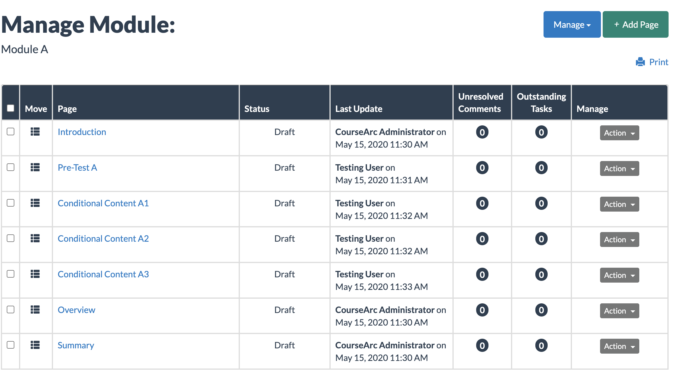 sample module A with content conditional on a quiz