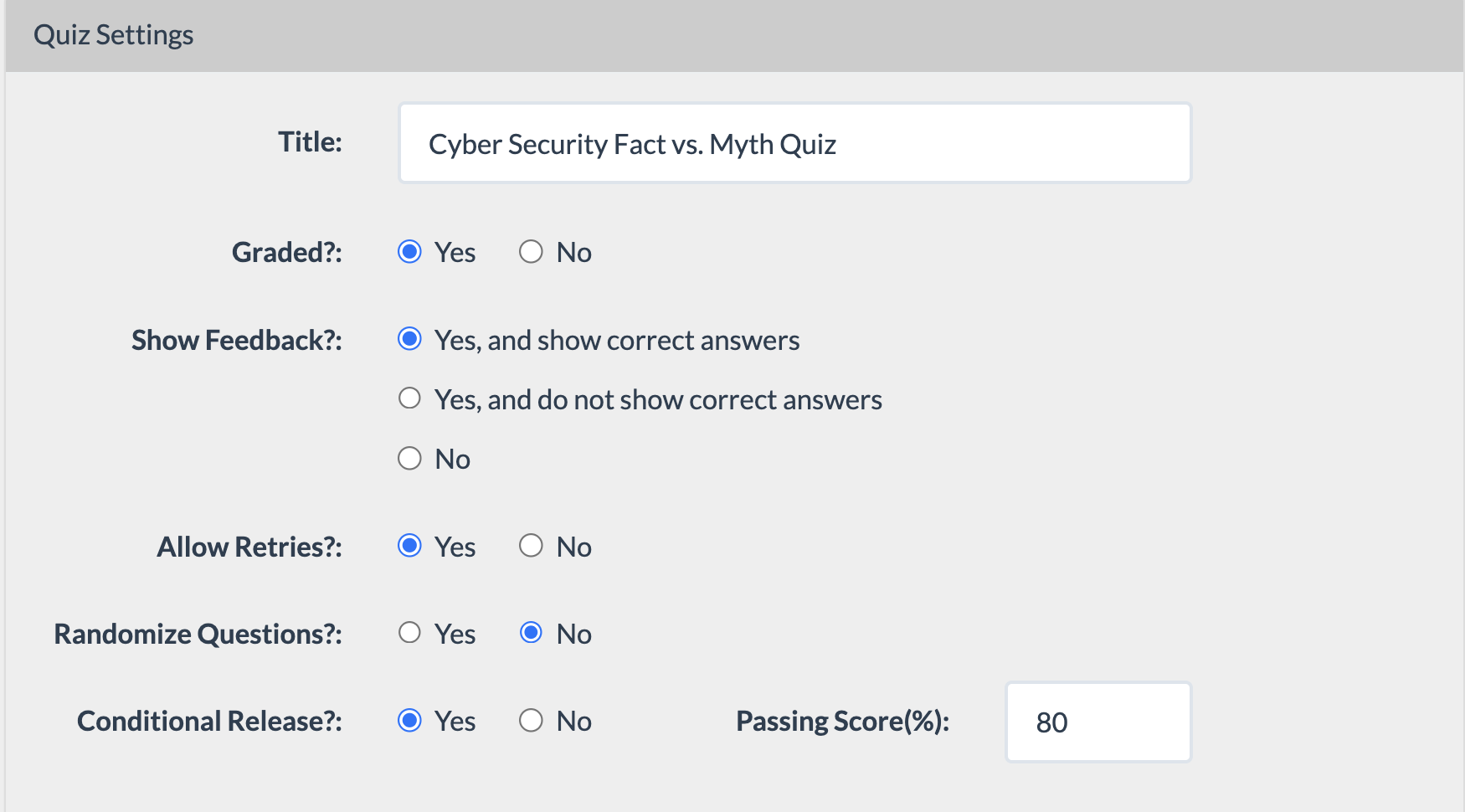 screenshot of conditional release set to Yes and Passing Score set to 80%