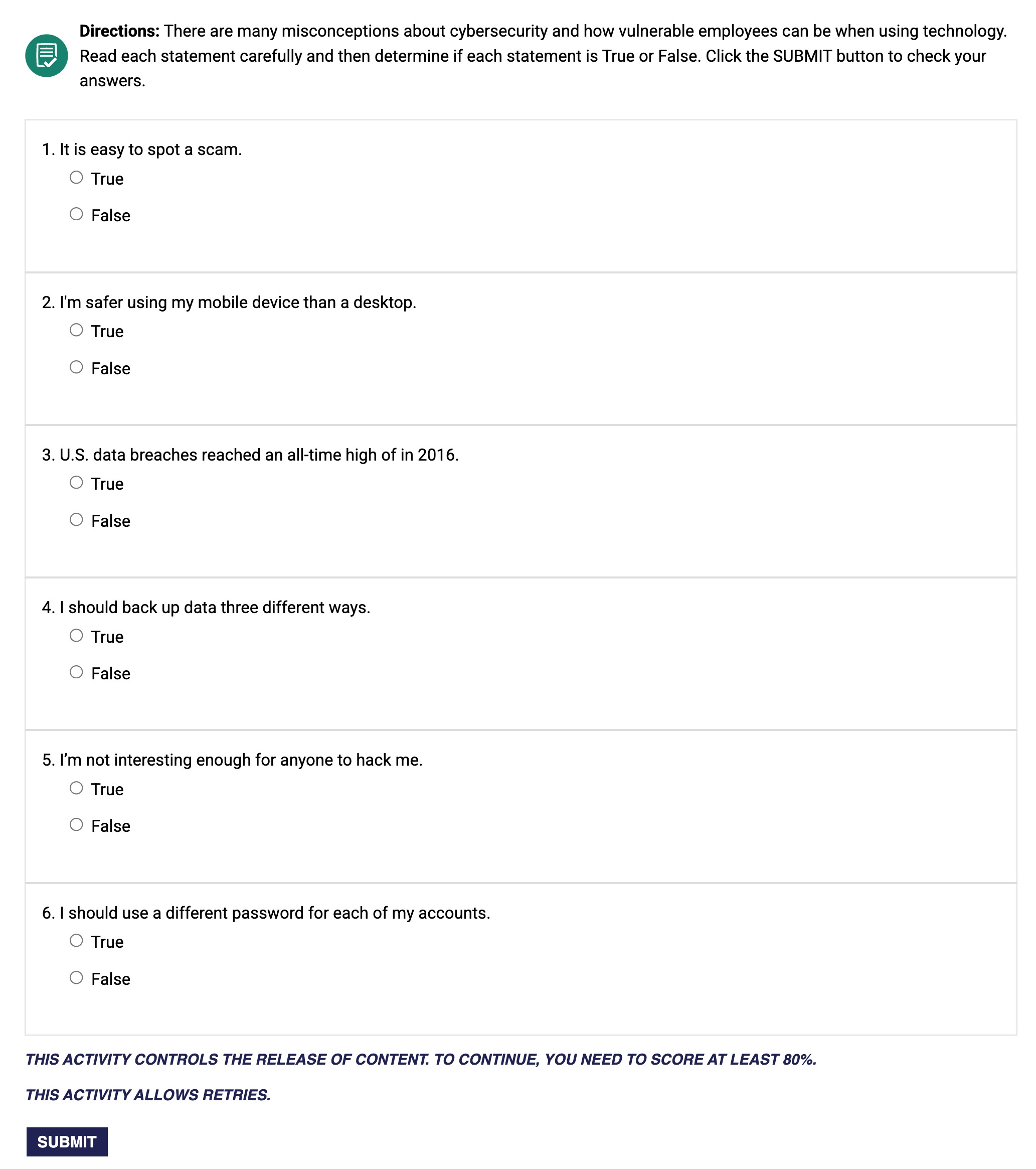 screenshot of the learner view of a quiz that controls the release of content