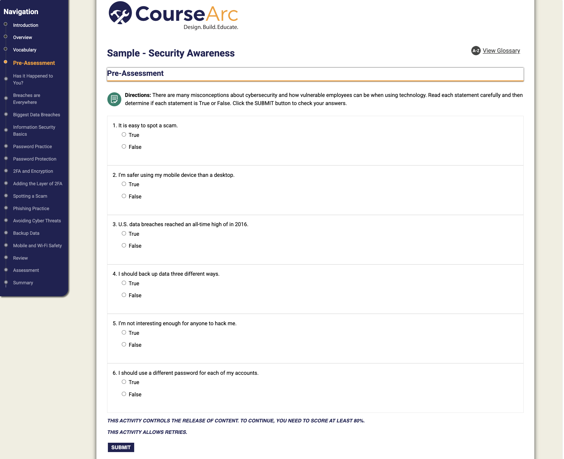 learner view of conditional content. The left navigation is greyed out until you pass the quiz. 