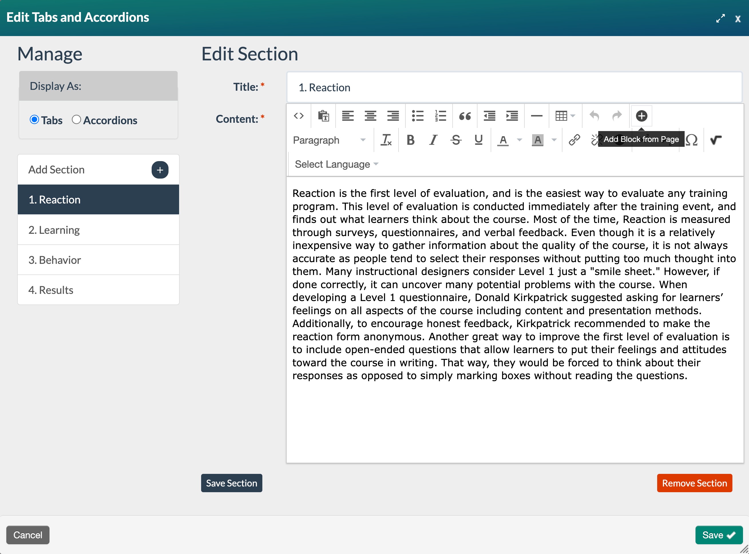 Tabs and Accordion and the Add Block from Page image is selected